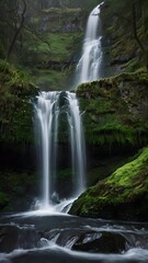 Majestic waterfall cascades through a lush, mossy forest, creating a serene and enchanting natural scene