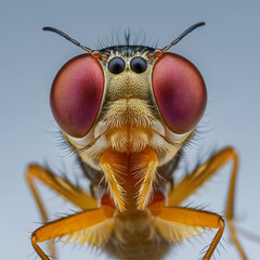 Striking macro of a fruit fly with prominent red eyes and striped thorax