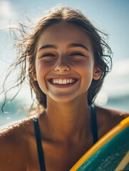 Happy girl with surfboard on beach, enjoying vacation day.