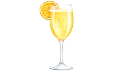 A glass of bright yellow cocktail, garnished with an orange slice, sits against a plain white background.  The cocktail appears bubbly and effervescent