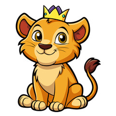 Playful lion cub sitting with a crown, cartoon vector with thick outlines