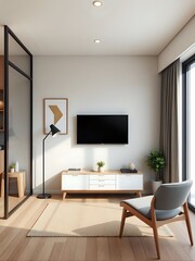 3d japandi studio apartment, minimalist neutral tones, space-saving modern furniture, geometric art wall, cozy interior, compact living