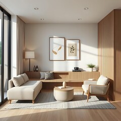 3d japandi studio apartment, minimalist neutral tones, space-saving modern furniture, geometric art wall, cozy interior, compact living