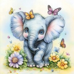 A serene scene featuring an elephant, blooming flowers, and delicate butterflies.