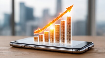 Growth on Mobile: A dynamic depiction of financial progress, with a bar graph and rising arrow elegantly emerging from a sleek mobile device.