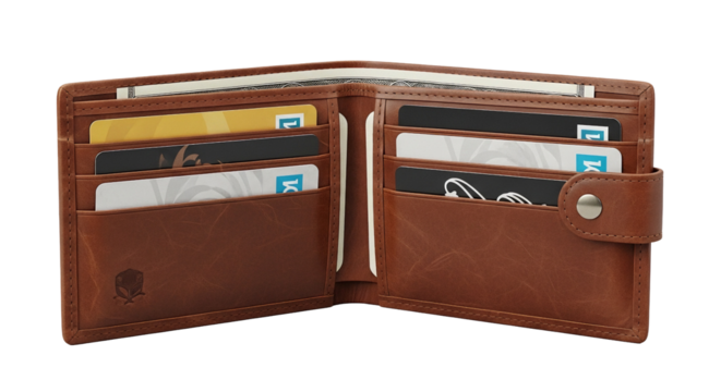 Brown leather wallet with several credit cards isolated PNG with Transparent Background