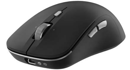Ergonomic dark grey wireless computer mouse isolated PNG with Transparent Background