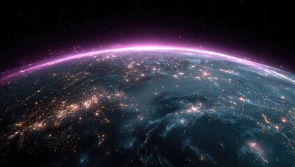 Fototapeta premium Earth at night, lit by city lights, a vibrant pink glow around the horizon