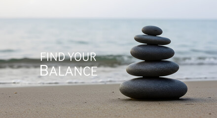 Zen stones stacked in perfect balance on a serene sandy beach, symbolizing harmony, wellness, and tranquility.