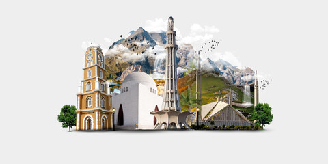 Happy Pakistan Day, Independence Day 14 August 1947. Azadi Mubarak banner, poster, card, template, background with Pakistan map, flag, monuments, and Landmarks Minar e Pakistan, Quaid Tomb, Mosque etc