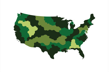 Map of the united states is depicted with a green camouflage pattern, symbolizing national defense or outdoor themes
