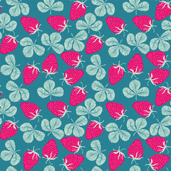 Seamless pattern with strawberry on color background. Natural delicious fresh ripe tasty fruit. Vector illustration for print, fabric, textile, banner, other design. Food concept.