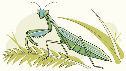 Stylized Green Praying Mantis Illustration on a Leaf with Grass Background. Detailed Vector Art of a Wild Insect, Perfect for Nature and Wildlife T...