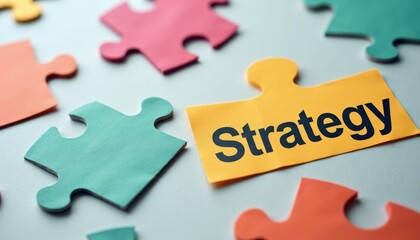 Fototapeta premium Colorful Puzzle Pieces with Strategy Note for Business Concept