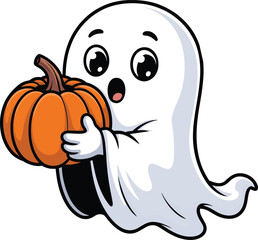 Obraz premium Cute cartoon ghost character holding a pumpkin with a surprised expression, a kawaii Halloween vector illustration