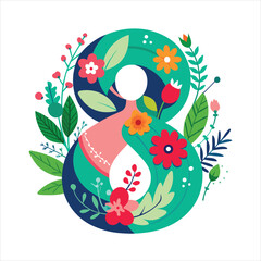 Number eight is beautifully decorated with colorful flowers and green leaves, celebrating spring and womanhood