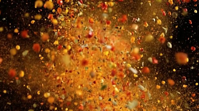 An explosion of spices herbs and seasonings in midair against a dark background