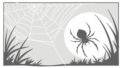 Monochrome Spider on Intricate Web Against Full Moon and Grass Silhouette Illustration