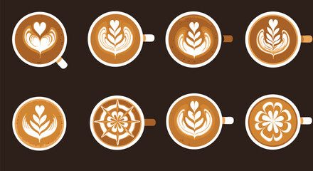 Eight Unique Latte Art Concepts and Coffee Designs Illustration - A Creative Overhead View of Beverage Decoration Patterns for Cafes and Home Baristas