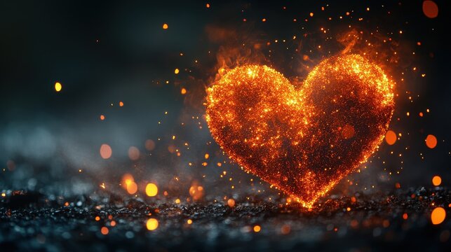 A glowing heart shape made of fiery sparks against a dark, blurred background. The image symbolizes love, connection, and energy in motion - Powered by Adobe