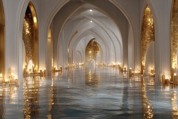 Grand, flooded hall with arched, gold accents, lit by candles