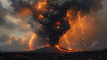 Volcanic eruption with fiery lightning strikes
