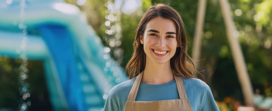 The smiling woman in an apron enjoying a sunny day outdoors