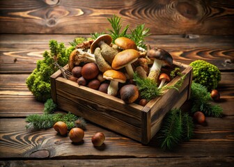 A box of fresh mixed forest mushrooms sits elegantly on a wooden table