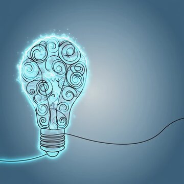 Continuous Line Drawing of a Glowing Idea Lightbulb with Dynamic Spirals