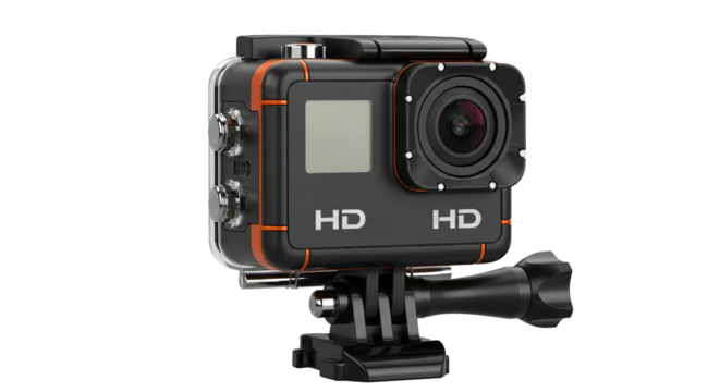 Black action camera with HD label isolated PNG with Transparent Background