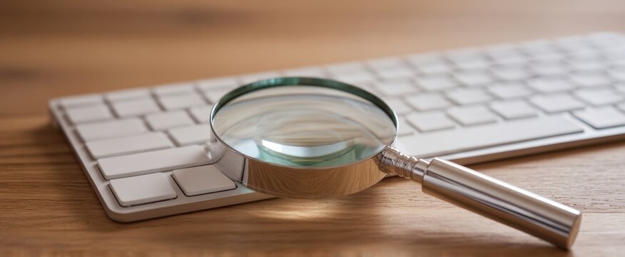 The magnifying glass resting elegantly on a keyboard atop a wooden desk.