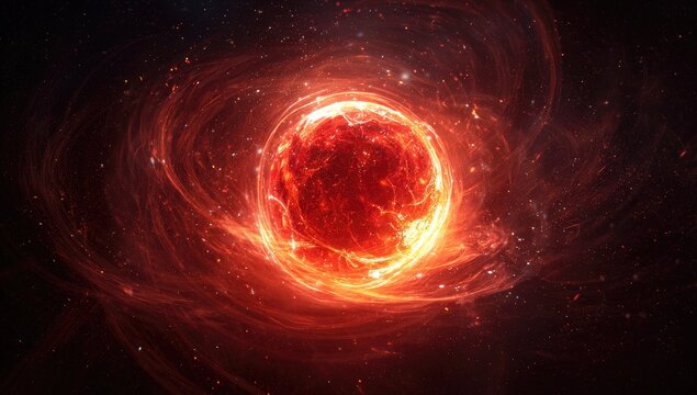 Fiery celestial sphere amidst swirling nebula