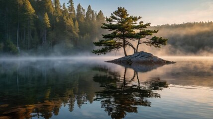 A serene lake with a small island and a tree reflecting on the water during a foggy morning scene