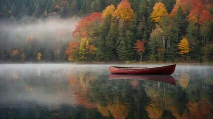 Red canoe floating on a misty lake surrounded by autumn trees reflecting in the calm water surface