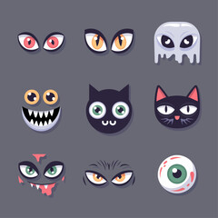 Set of Cute Cartoon Halloween Style Eyes and Faces on Gray Background