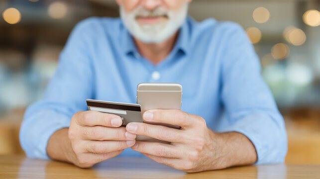 Older man holding credit card and smartphone making online payment with happy expression in cafe