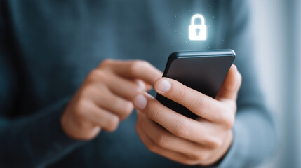 Smartphone security concept with person holding mobile device and digital lock icon, symbolizing data protection and privacy