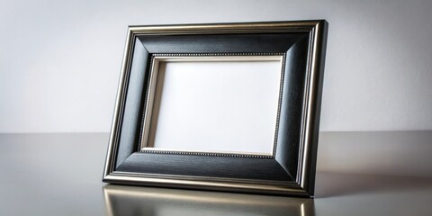 Black wooden frame with a delicate silver border surrounding a plain white background in a modern funeral setting