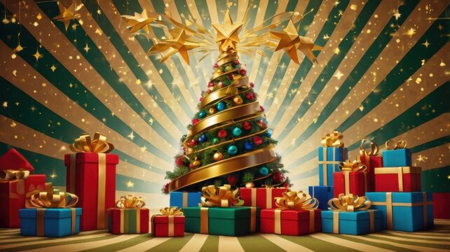 Decorated christmas tree with gold ribbon and gifts on striped background with gold stars and sparkles