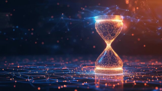 Futuristic hourglass in glowing geometric lines showcasing the concept of time passing in a digital universe