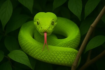 Fototapeta premium Neon Green Viper with Tongue Out on Branch – Close-Up Predator in Jungle