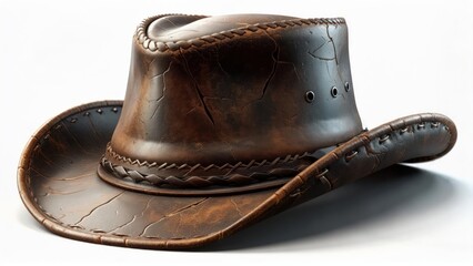 Weathered brown leather cowboy hat, detailed stitching