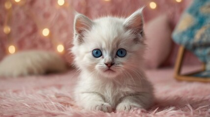A fluffy white kitten with bright blue eyes sitting on a pink fluffy surface looking at the camera