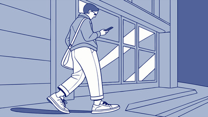 Digital Connection on the Go: Monochrome Blue Illustration of a Person Walking Outdoors While Engaged with a Smartphone in an Urban Setting.