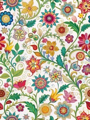 A colorful floral pattern with intricate details and curved lines on a white background