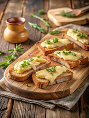 Crispy bread slices served on a wooden board with melted cheese and garnishes