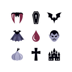 Set of Halloween Halloween Icons with Vampire Bat Dracula Coffin Spirit Garlic Cross Castle