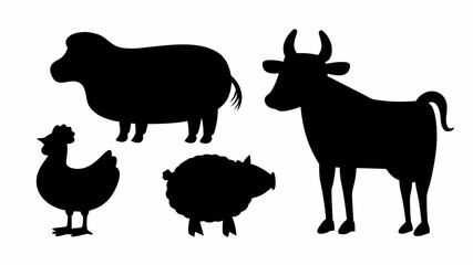 Fototapeta premium Silhouette illustration of farm animals including a cow, sheep, pig, and chicken in a simple design | editable eps vectors