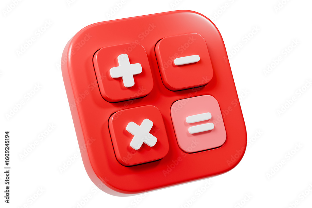 Poster 3d calculator buttons with a plus, minus, multiply, and equal icon isolated on white background. mon