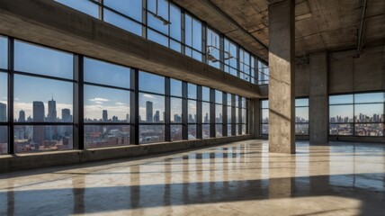 Naklejka premium Empty loft apartment with large windows overlooking a city skyline on a bright and sunny day